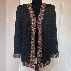 Vintage Laurence‎ Kazar Black,Red,Gold Beaded Silk Open Front Blazer Size Medium